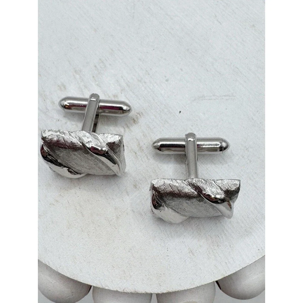 Swank Textured Silver Tone Wavy Rectangle Cufflinks MCM Mid Century Modern
